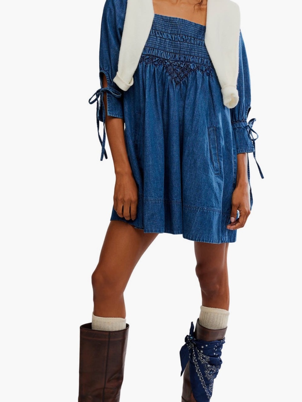 Free People Blue Denim Sonora Smocked Mini Dress